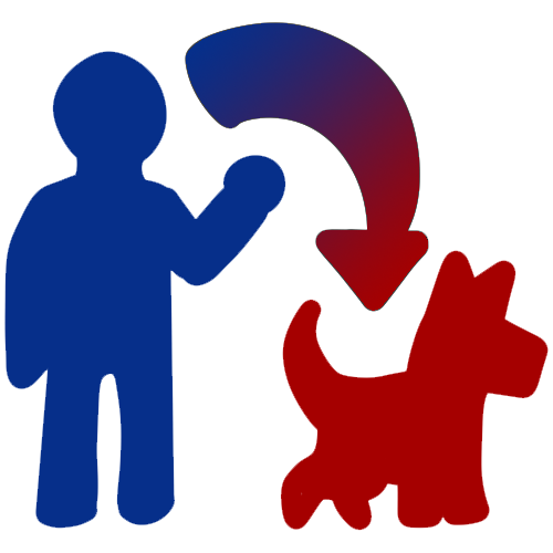 A drawing of a blue silhouette of a person, with a blue to red arrow pointing from the figure to a small red dog.